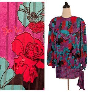 Diane Fries Womens Size M/L Vtg Purple Floral Tie Sequins Shoulder Pad Top Flaws